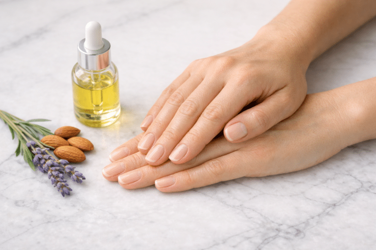 Woman using cuticle oil to treat dry cuticles naturally at home