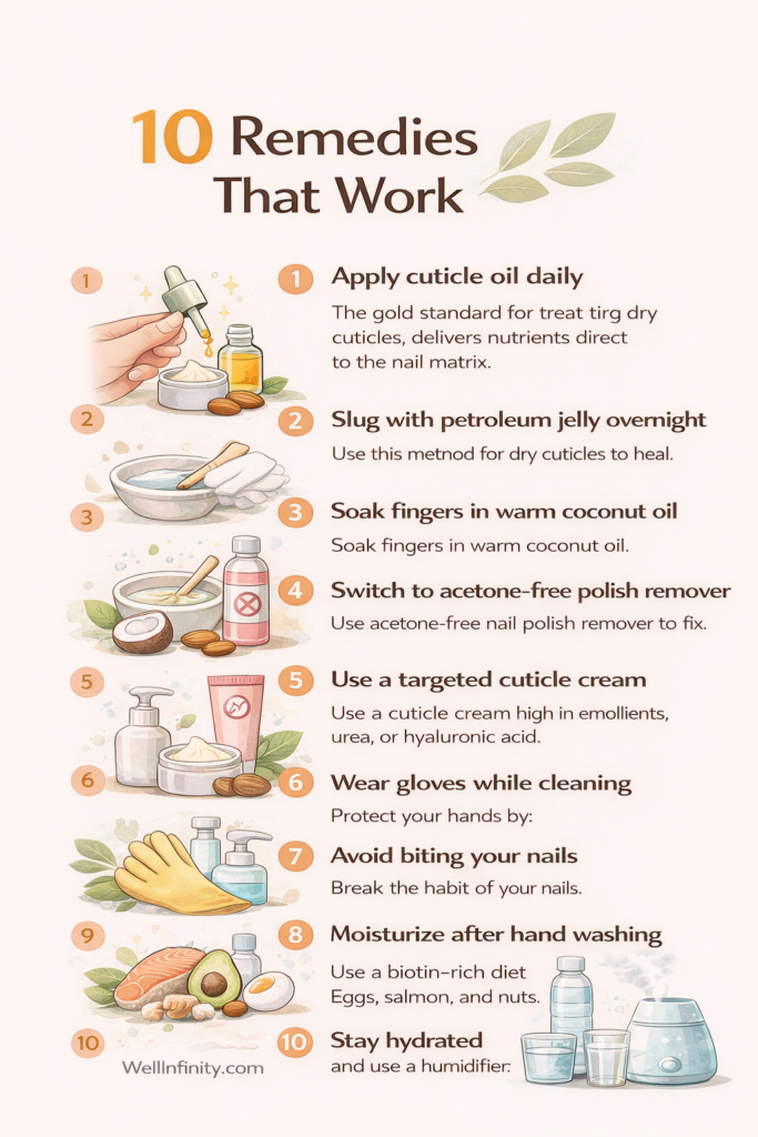Infographic showing 10 proven remedies to get rid of dry cuticles including cuticle oil slugging and coconut oil soak