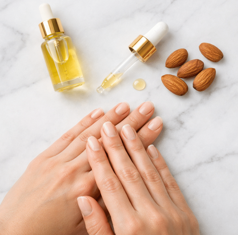 Flat lay of well-moisturized female hands with healthy nails, cuticle oil bottle, dropper, and almonds on white marble surface — nail care tips for healthy nails.
