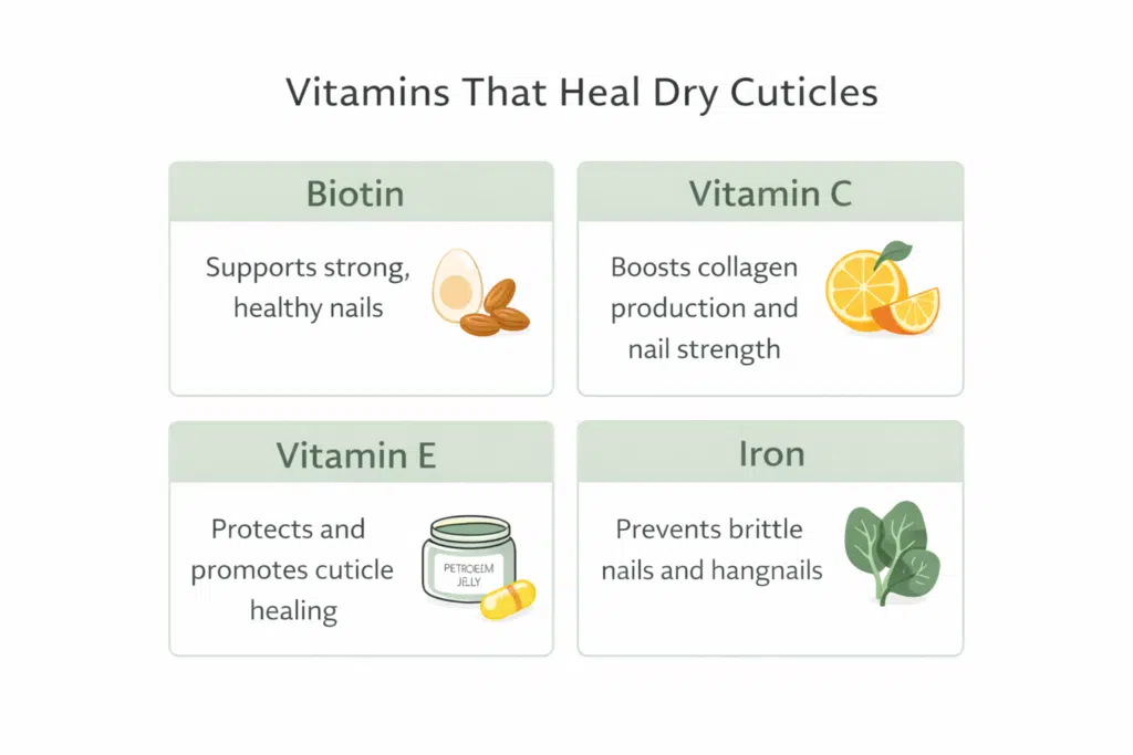Infographic showing Biotin, Vitamin C, Vitamin E, and Iron and how they support healthy cuticles and stronger nails.