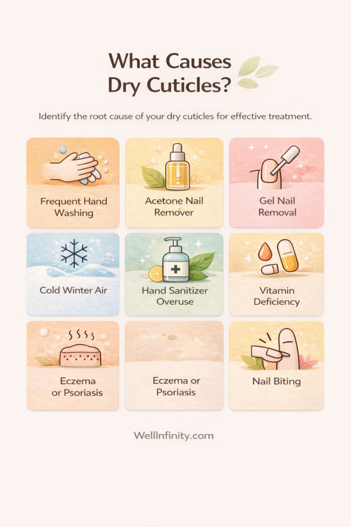 Infographic showing common causes of dry cuticles including hand washing acetone gel removal vitamin deficiency and nail biting