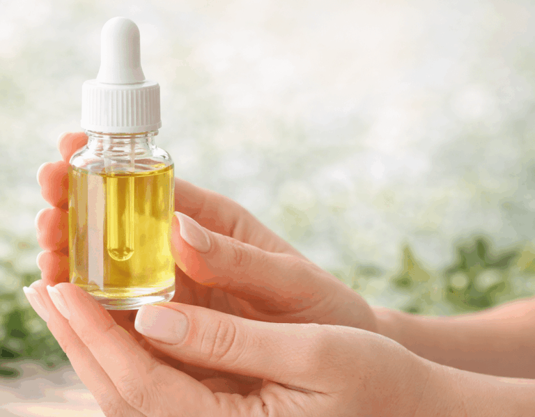 Hands holding natural oil bottle for nail growth treatment and stronger nails
