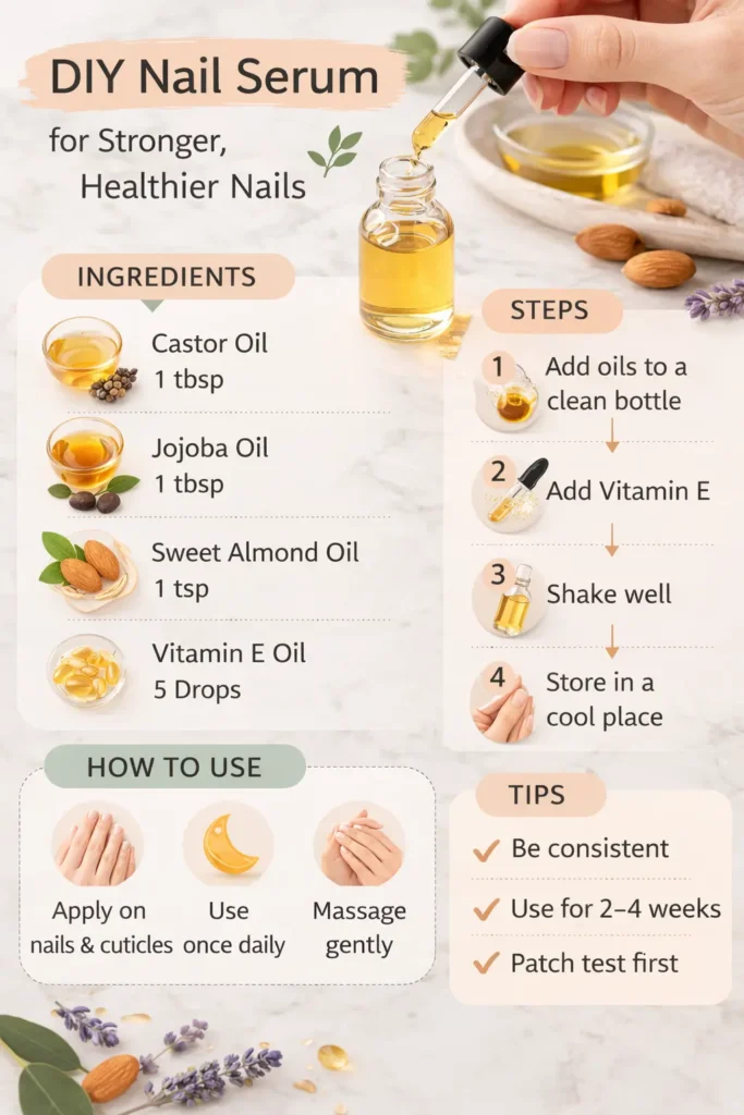 DIY nail serum infographic showing ingredients recipe steps and tips for stronger nail growth