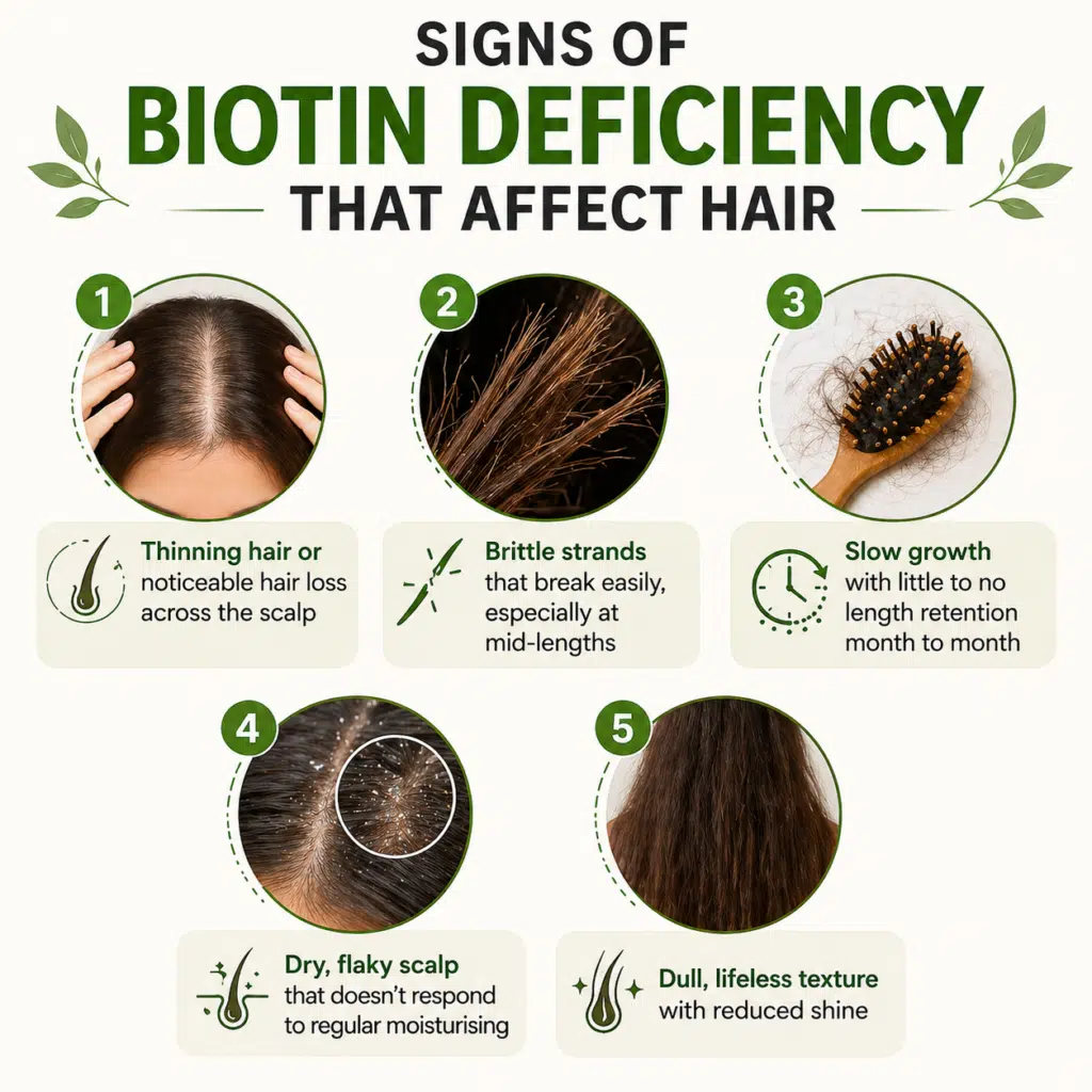 Infographic showing signs of biotin deficiency affecting hair including thinning hair, brittle strands, slow growth, dry flaky scalp, and dull lifeless texture in a biotin hair care routine