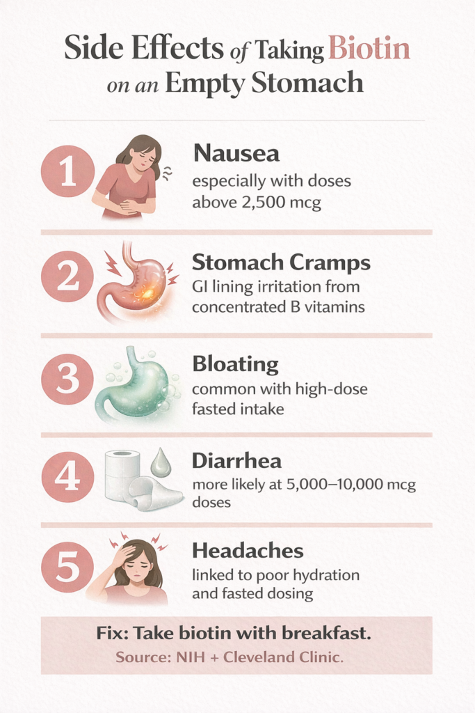 A professional vertical infographic answering “Can You Take Biotin on an Empty Stomach?" showing the potential side effects of taking biotin without food. The clean design on a white background uses bold charcoal sans-serif text with blush pink accents. Five sections highlight nausea at higher doses, stomach cramps from GI irritation, bloating with fasted intake, diarrhea at 5,000–10,000 mcg, and headaches linked to dehydration. A bold footer advises taking biotin with breakfast, with sources cited from NIH and Cleveland Clinic.