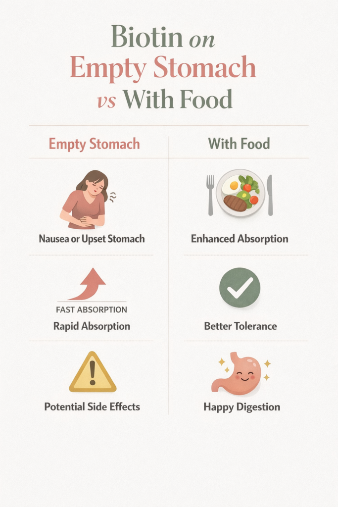 A clean, modern vertical infographic comparing taking biotin on an empty stomach versus with food. The design features two side-by-side columns in soft pastel colors (sage green, blush pink, and cream). The left column, labeled “Empty Stomach,” shows icons representing nausea, fast absorption, and potential side effects. The right column, labeled “With Food,” includes icons of a plate, a checkmark, and a happy stomach, highlighting better tolerance and digestion. Bold, bright sans-serif typography enhances readability in a minimalist wellness aesthetic.