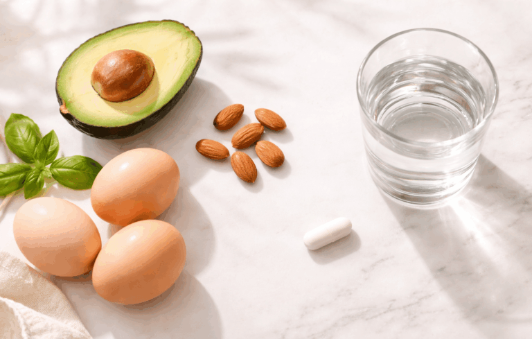 Biotin supplement capsule with avocado, eggs, almonds and water on white marble surface