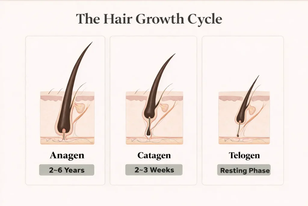 Scientific diagram of the hair growth cycle showing anagen, catagen, and telogen phases with follicle illustrations and durations, explaining healthy hair growth stages.