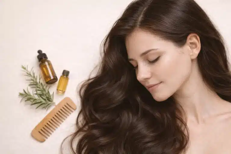 Close-up of a woman with long, thick, glossy dark hair and a healthy scalp, styled in a minimalist setting with natural oils and rosemary, representing healthy hair growth.