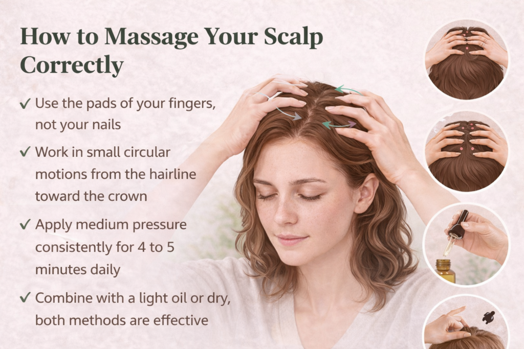 Woman demonstrating proper scalp massage technique using fingertips with circular motions, highlighting steps for improving healthy hair growth and overall scalp health.