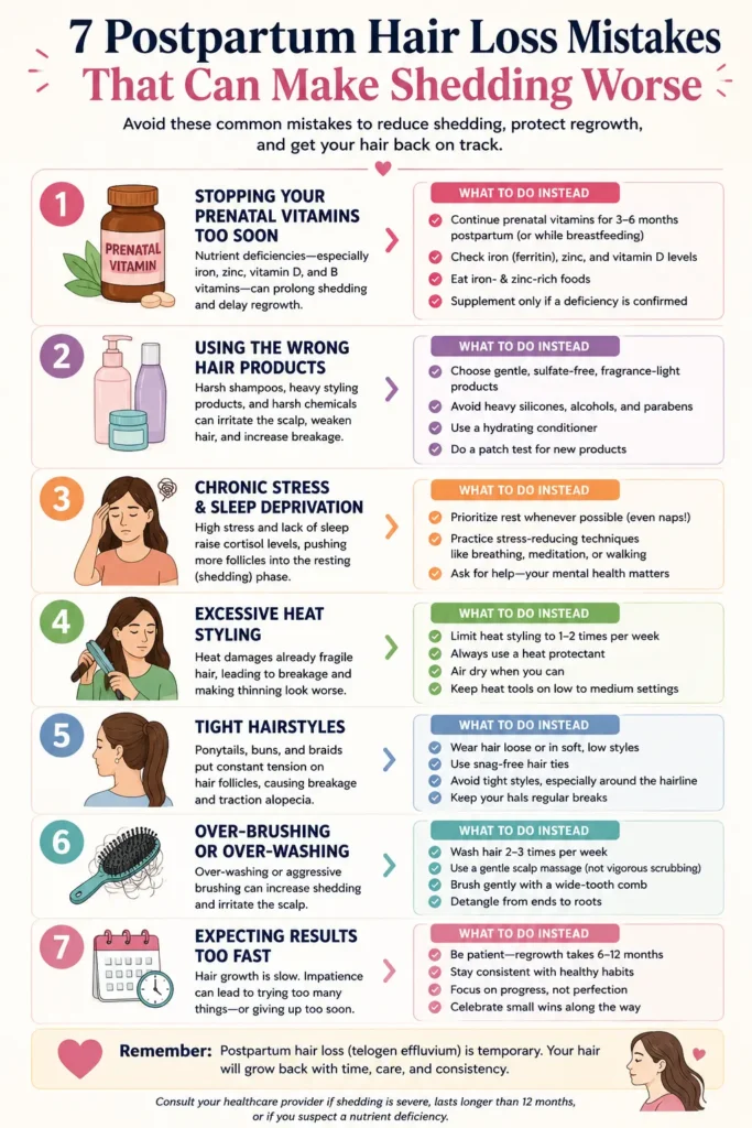 Infographic showing 7 postpartum hair loss mistakes that make shedding worse, including stopping prenatal vitamins too soon, using harsh hair products, tight hairstyles, excessive heat styling, stress, over-brushing, and expecting fast results, with expert-backed recovery tips for new moms.