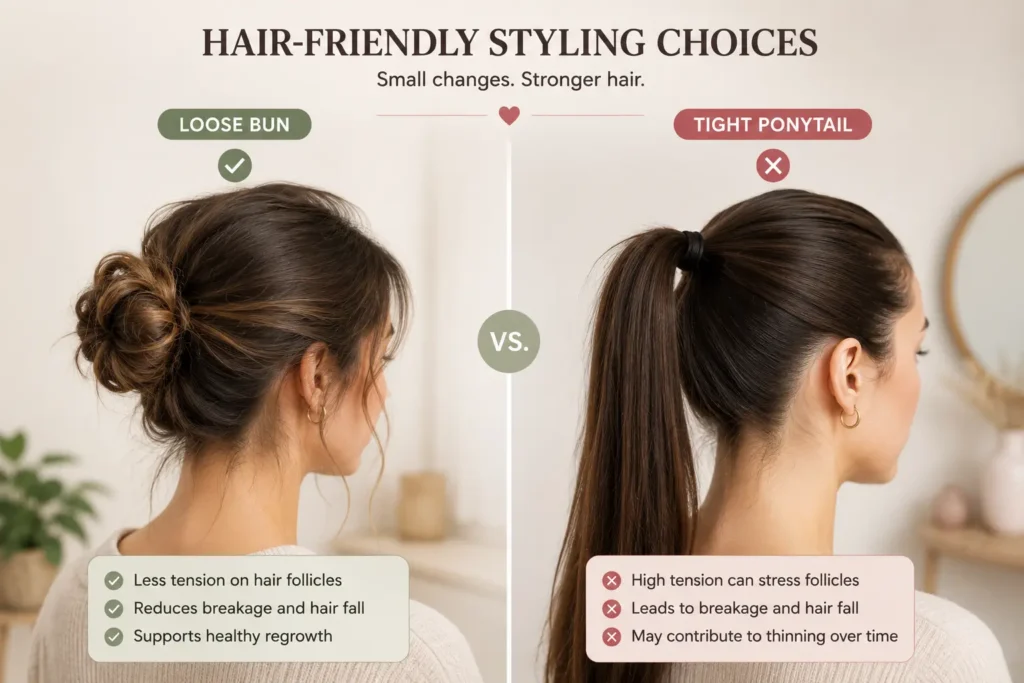 Comparison of a loose bun versus a tight ponytail hairstyle showing how gentle low-tension styles help avoid postpartum hair loss mistakes and reduce hair breakage.